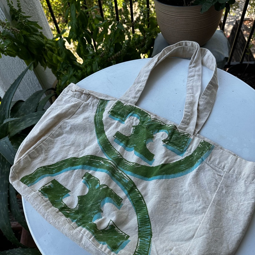 SOLD Tory Burch Beige and Teal Canvas Tote